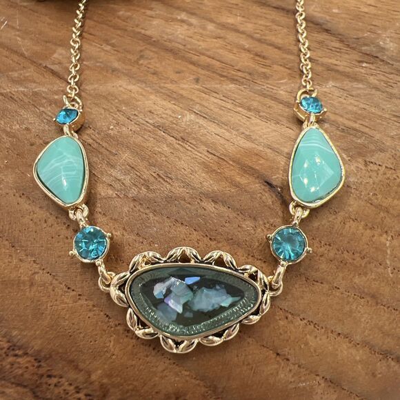 Napier Women's Blue Multi Shape Gem Necklace Gold-Tone Adjustable Length Nwt - Picture 2 of 7